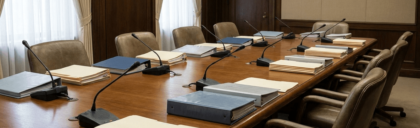 Formal institutional meeting room representing process-heavy public systems