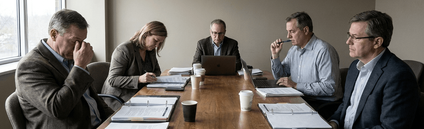 Officials in an internal review meeting after a public failure