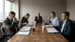Officials in an internal review meeting after a public failure