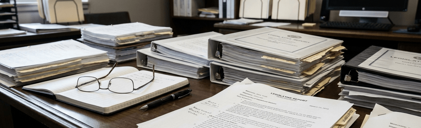 Policy documents on a desk representing technical language and public stakes
