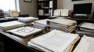 Policy documents on a desk representing technical language and public stakes