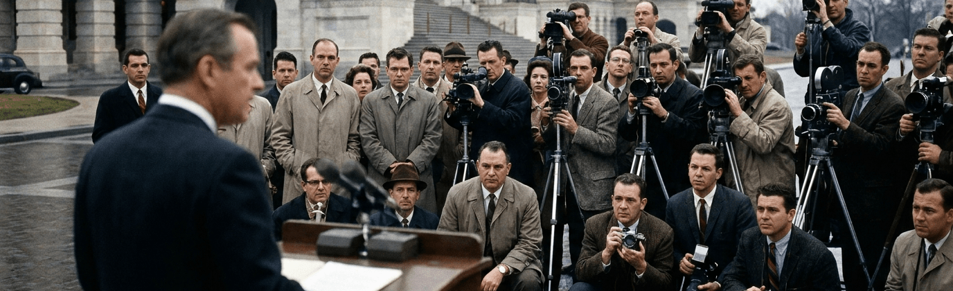 Reporters covering a press event outside a government building