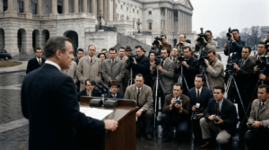 Reporters covering a press event outside a government building