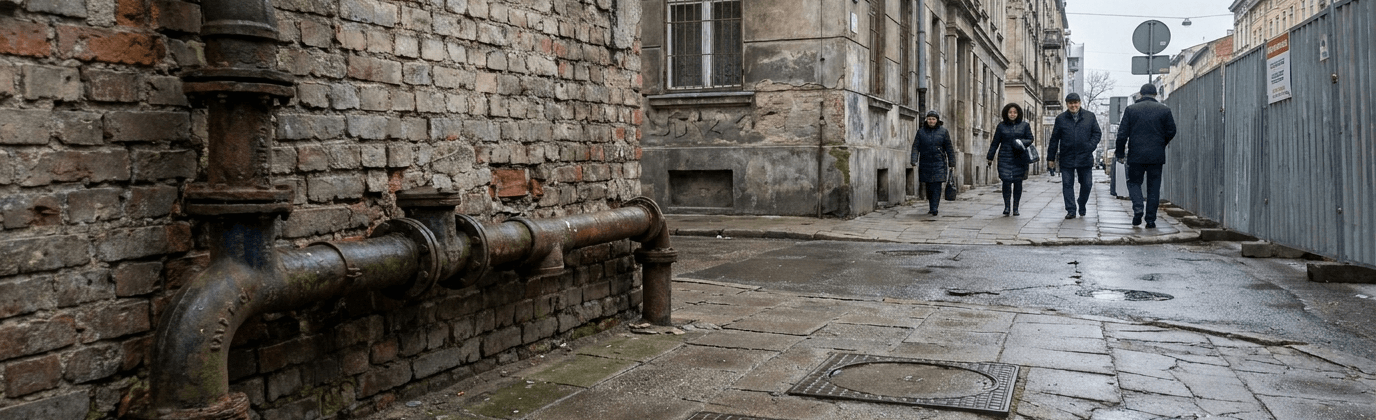 Aging municipal water infrastructure in a city street setting