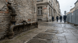 Aging municipal water infrastructure in a city street setting
